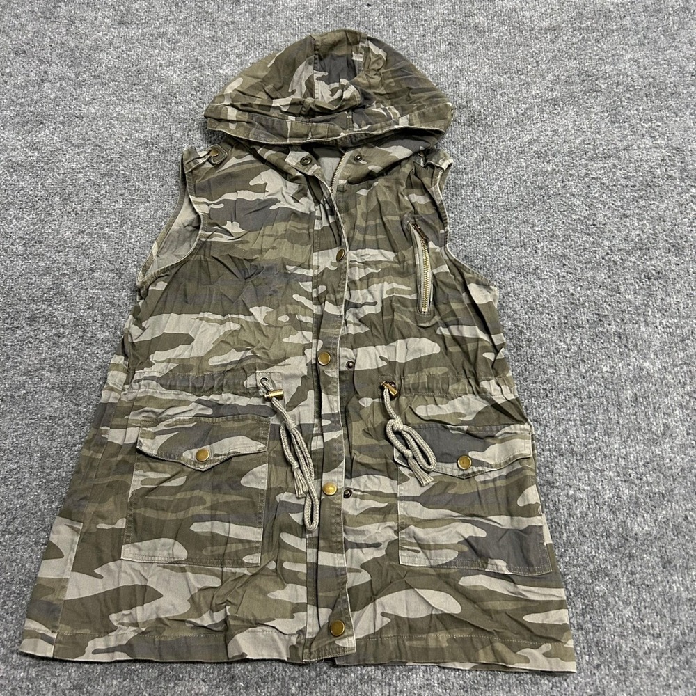 Zenana Outfitters Vest Womens Size M Camo Utility Cotton Hooded Drawstring Waist